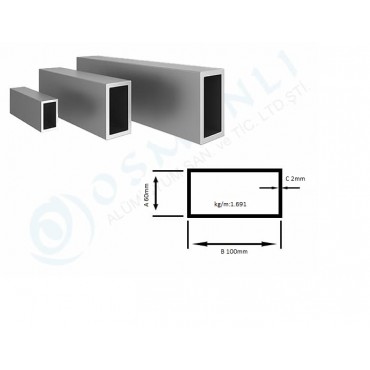 Alüminyum Kutu Profil 60mm  x 100mm Et Kalınlık 2mm